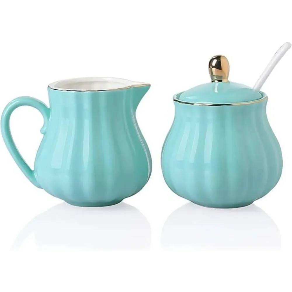 SWEEJAR Porcelain Royal Blue Sugar and Creamer w/ Lid Spoon 3-Pc Kitchen NEW